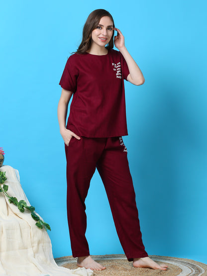 Berry Maroon Round Neck Top and Pajama Sets for Women