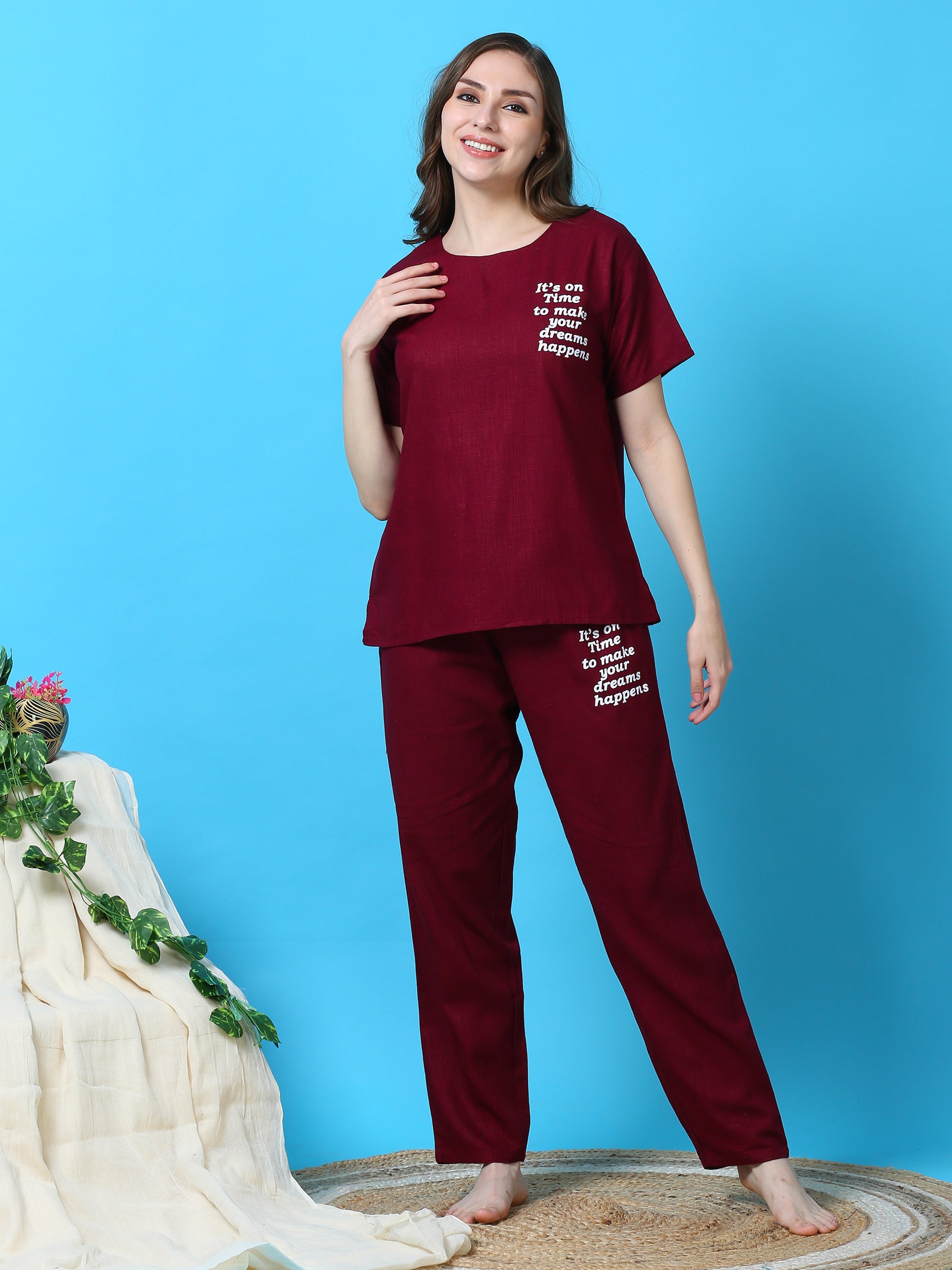 Berry Maroon Round Neck Top and Pajama Sets for Women