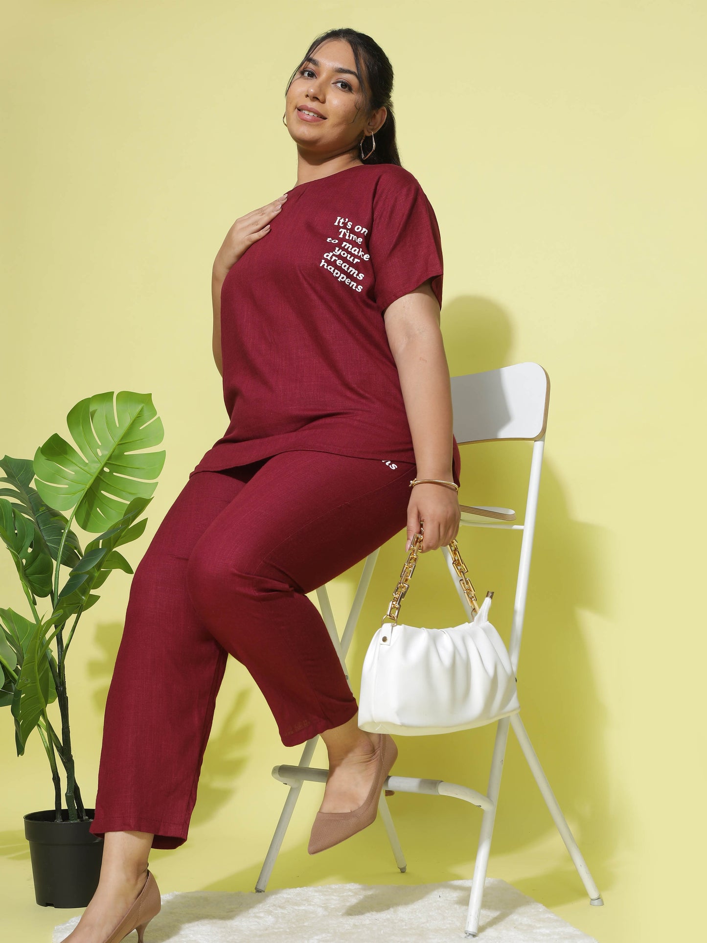 Berry Maroon Round Neck Top and Pajama Sets for Women