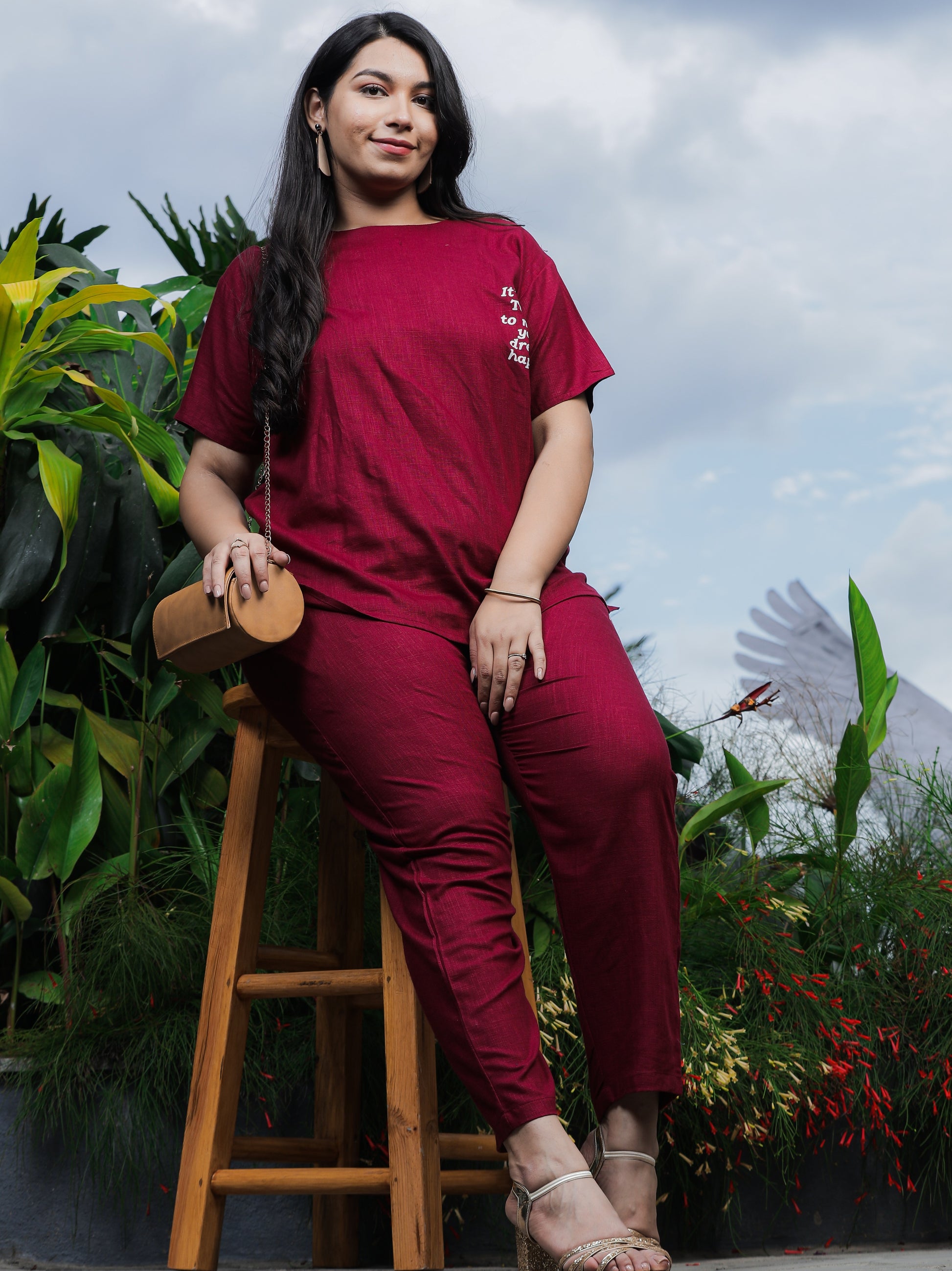 Berry Maroon Round Neck Top and Pajama Sets for Women