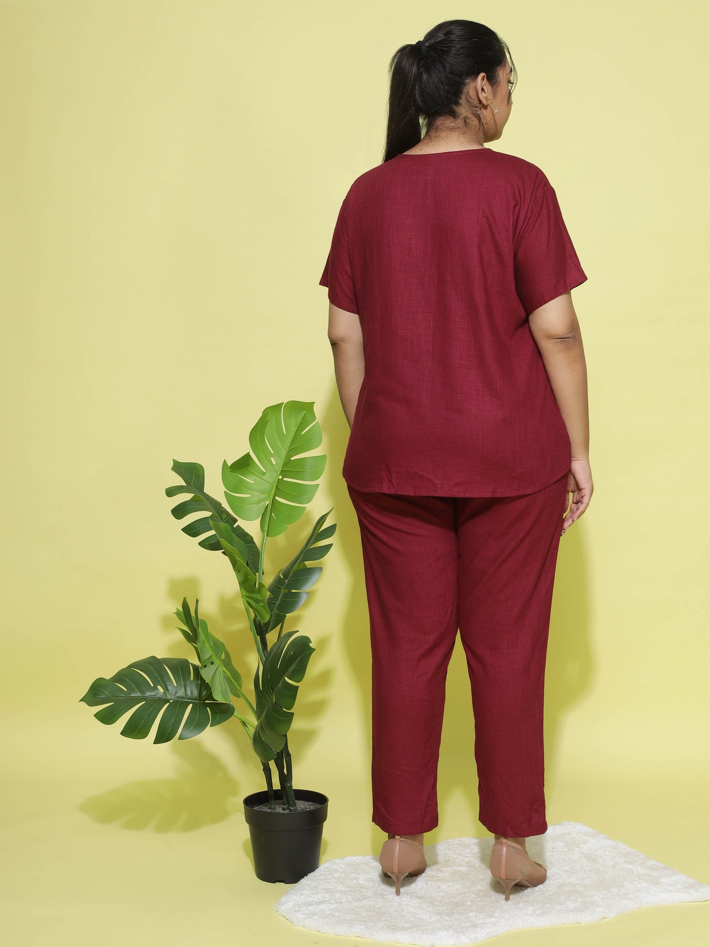 Berry Maroon Round Neck Top and Pajama Sets for Women