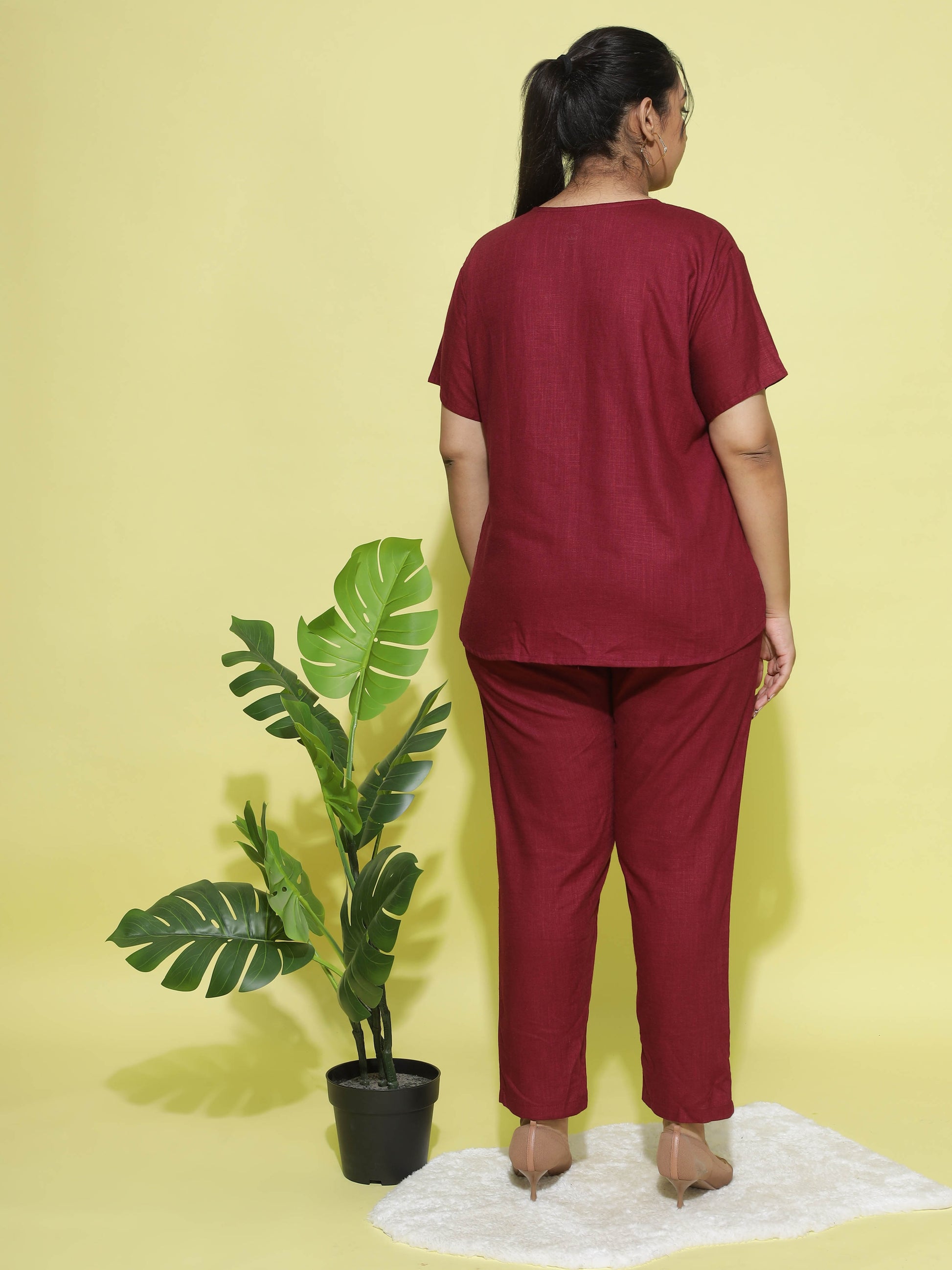 Berry Maroon Round Neck Top and Pajama Sets for Women