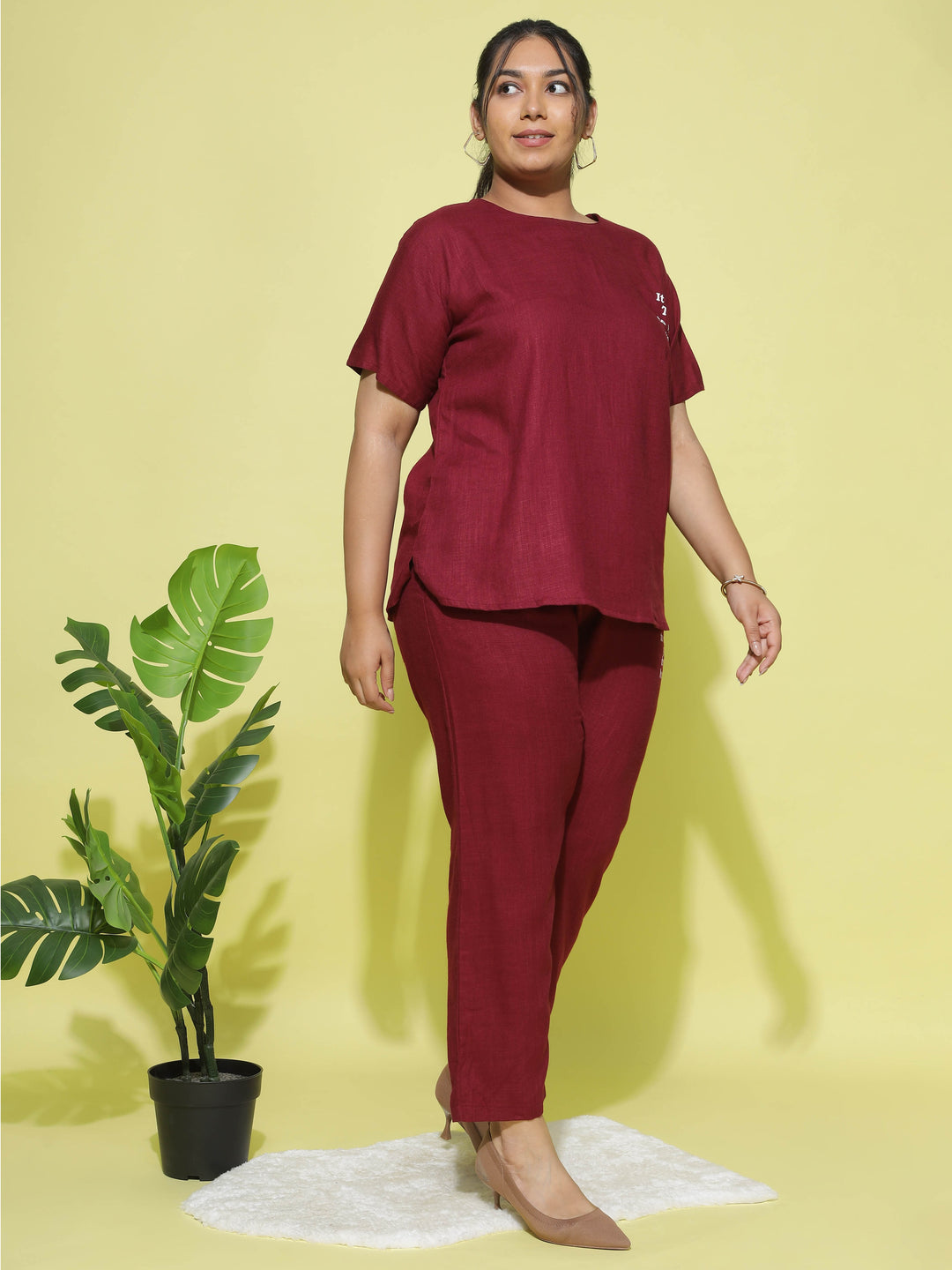 Berry Maroon Round Neck Top and Pajama Sets for Women