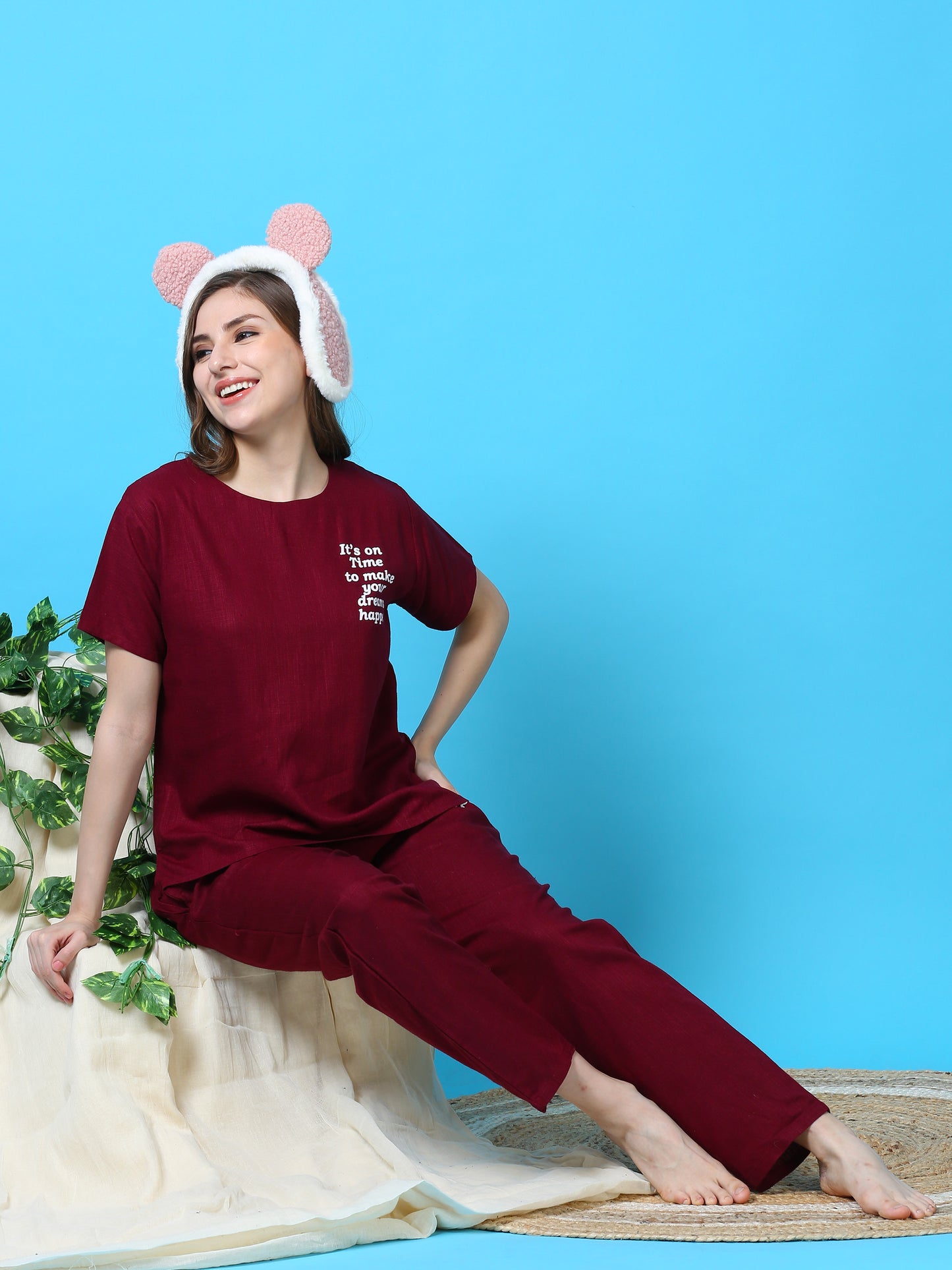 Berry Maroon Round Neck Top and Pajama Sets for Women