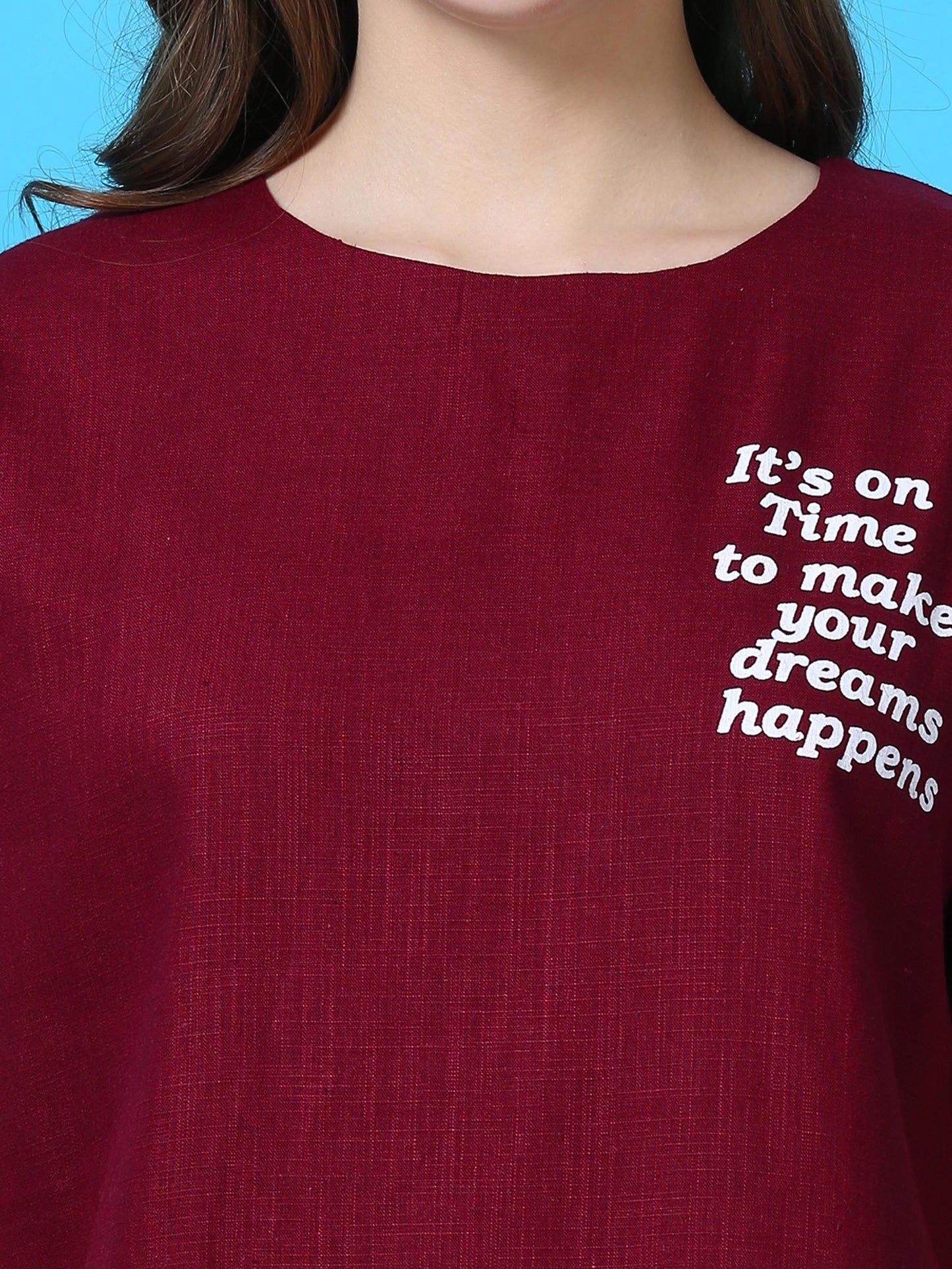 Berry Maroon Round Neck Top and Pajama Sets for Women