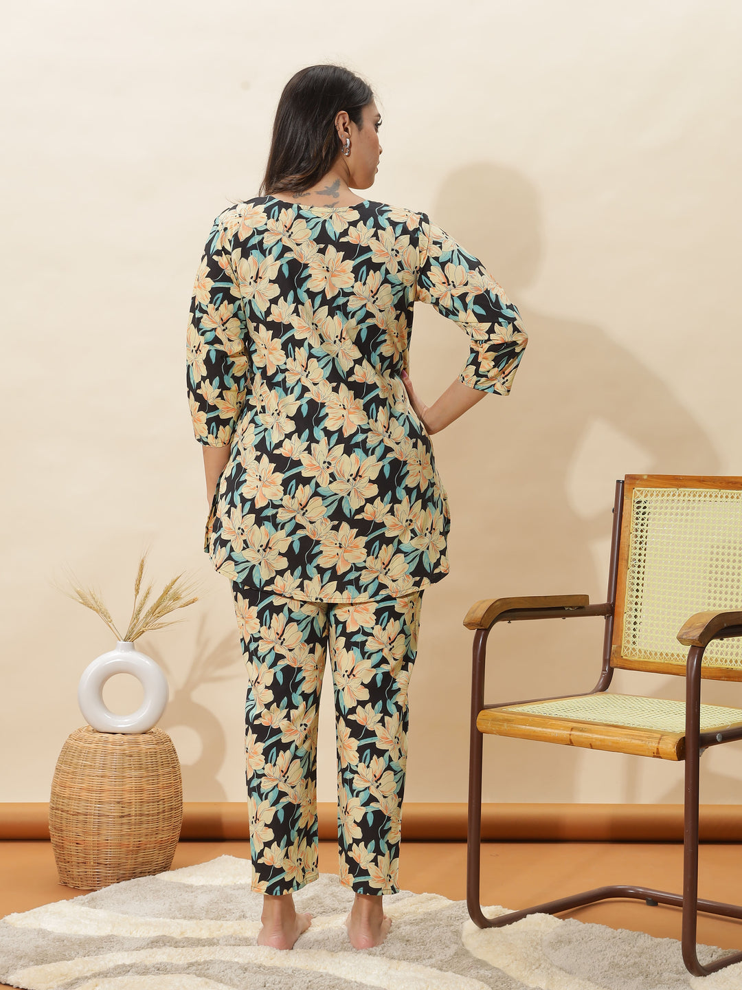 Black Lily Printed Night Suit Set for Women