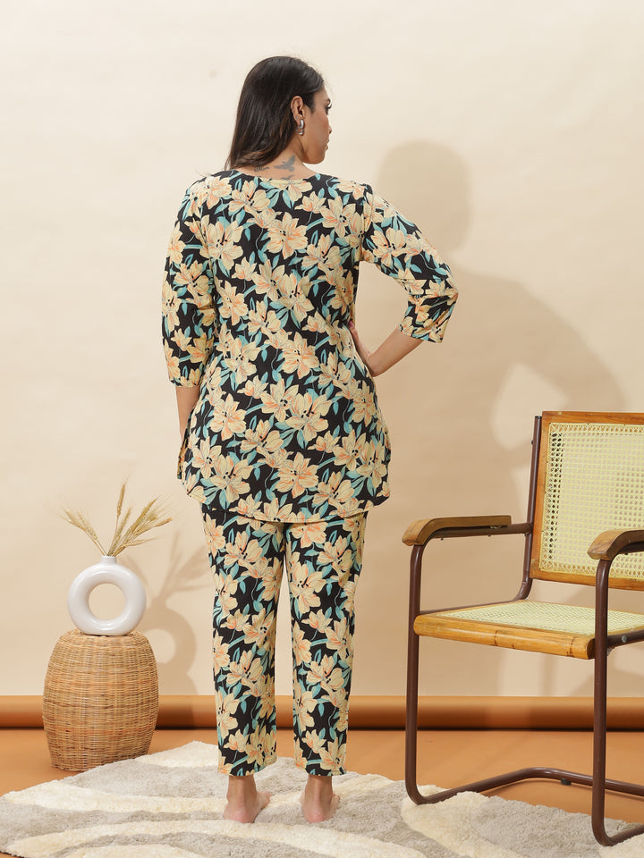Black Lily Printed Night Suit Set for Women