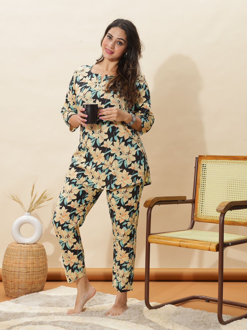 Black Lily Printed Night Suit Set for Women