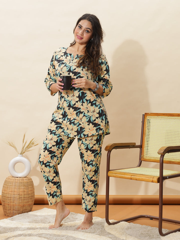 Black Lily Printed Night Suit Set for Women