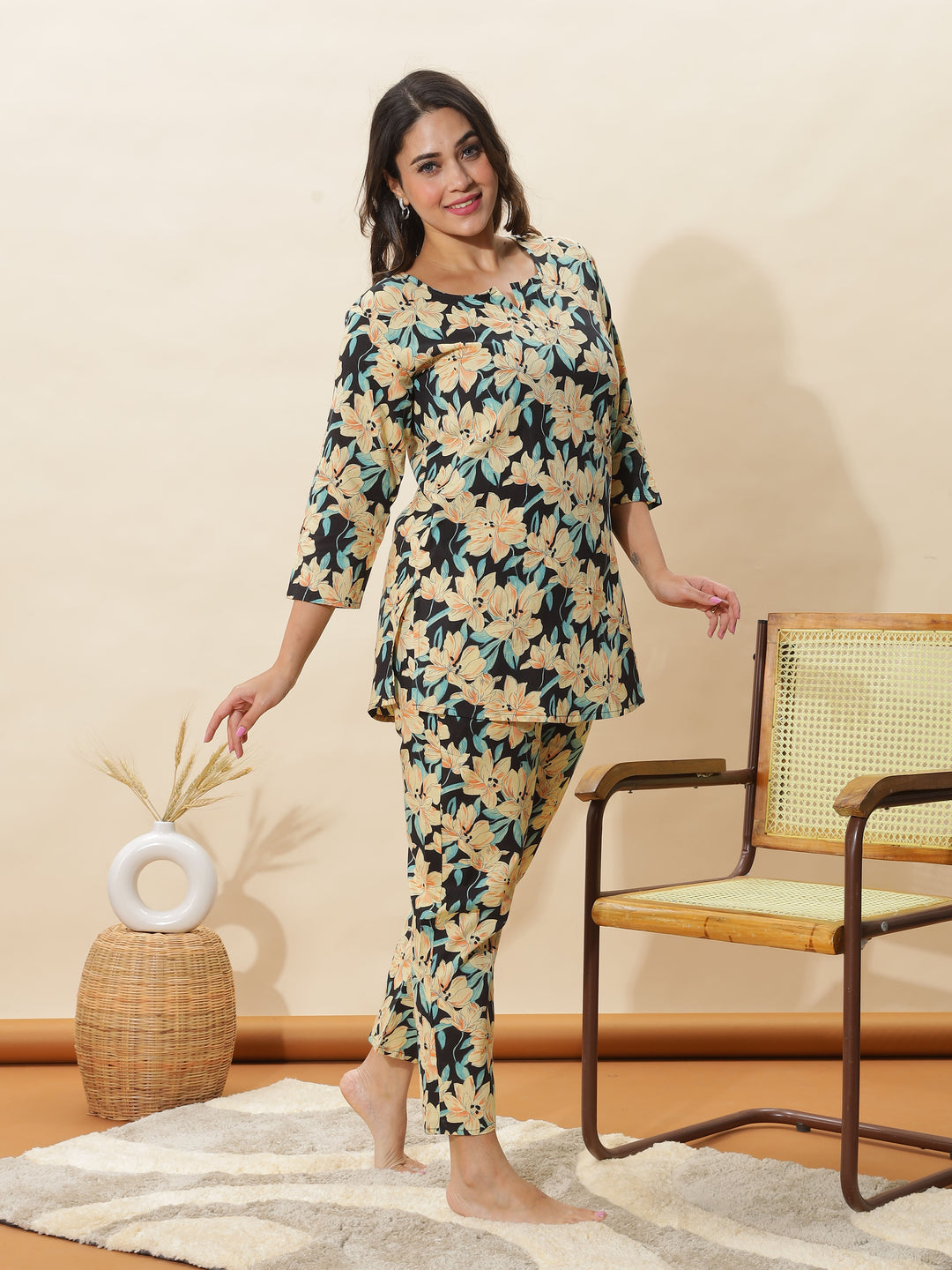 Black Lily Printed Night Suit Set for Women