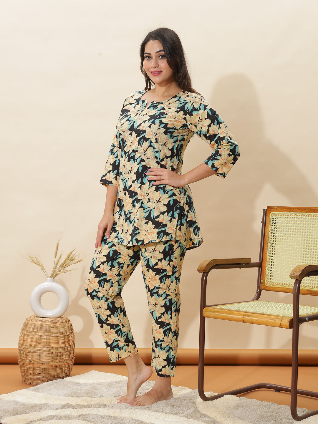 Black Lily Printed Night Suit Set for Women