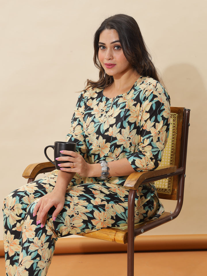 Black Lily Printed Night Suit Set for Women