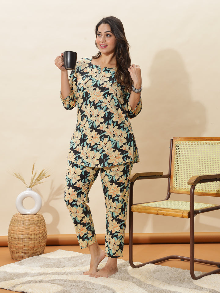Black Lily Printed Night Suit Set for Women