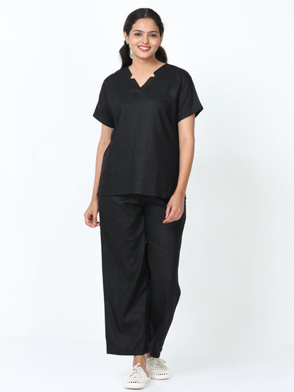 Black Linen Slub Round Neck Night Suit Set for Women