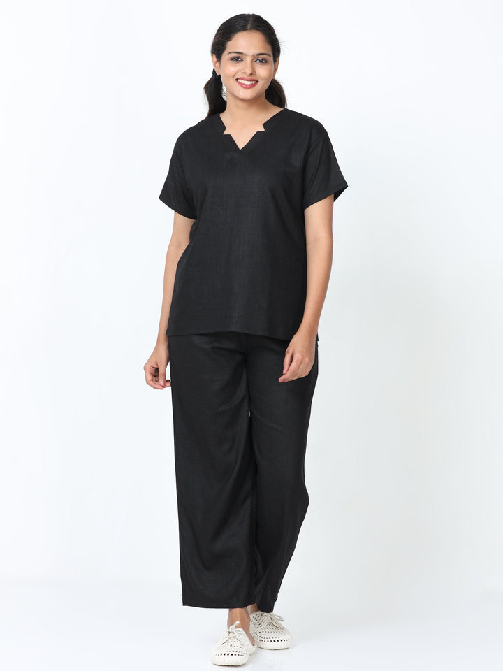 Black Linen Slub Round Neck Night Suit Set for Women