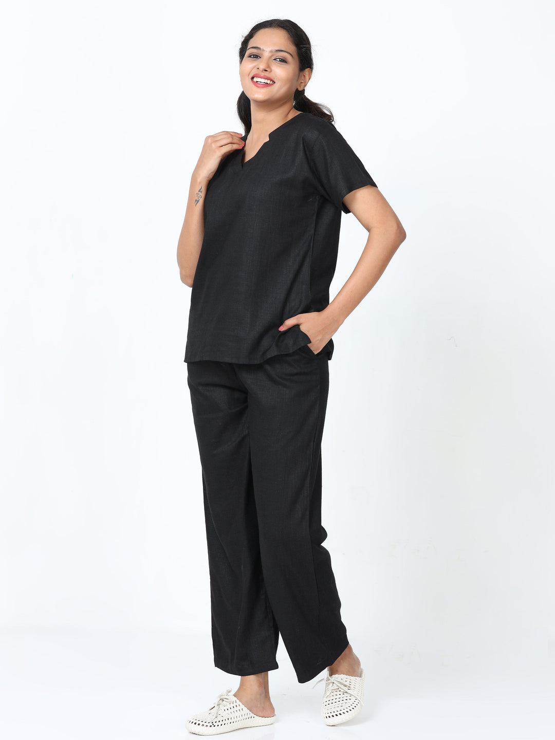 Black Linen Slub Round Neck Night Suit Set for Women