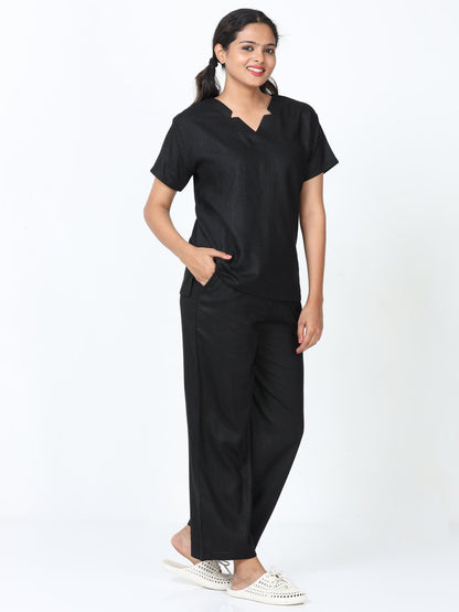 Black Linen Slub Round Neck Night Suit Set for Women