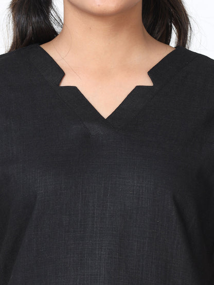 Black Linen Slub Round Neck Night Suit Set for Women