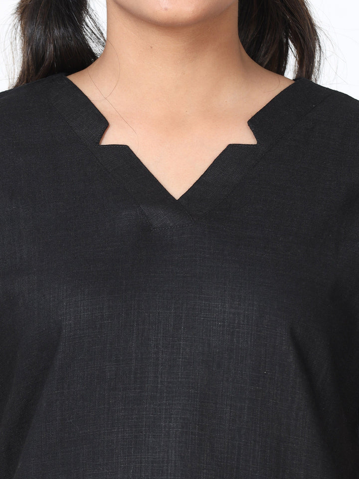 Black Linen Slub Round Neck Night Suit Set for Women