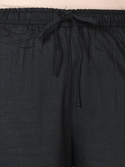 Black Linen Slub Round Neck Night Suit Set for Women