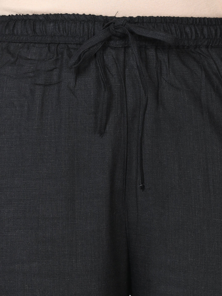 Black Linen Slub Round Neck Night Suit Set for Women