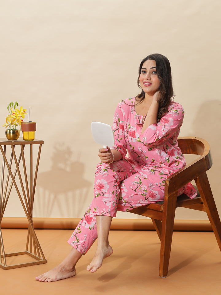 Blush Pink Bloom Cotton PJ Set for Women