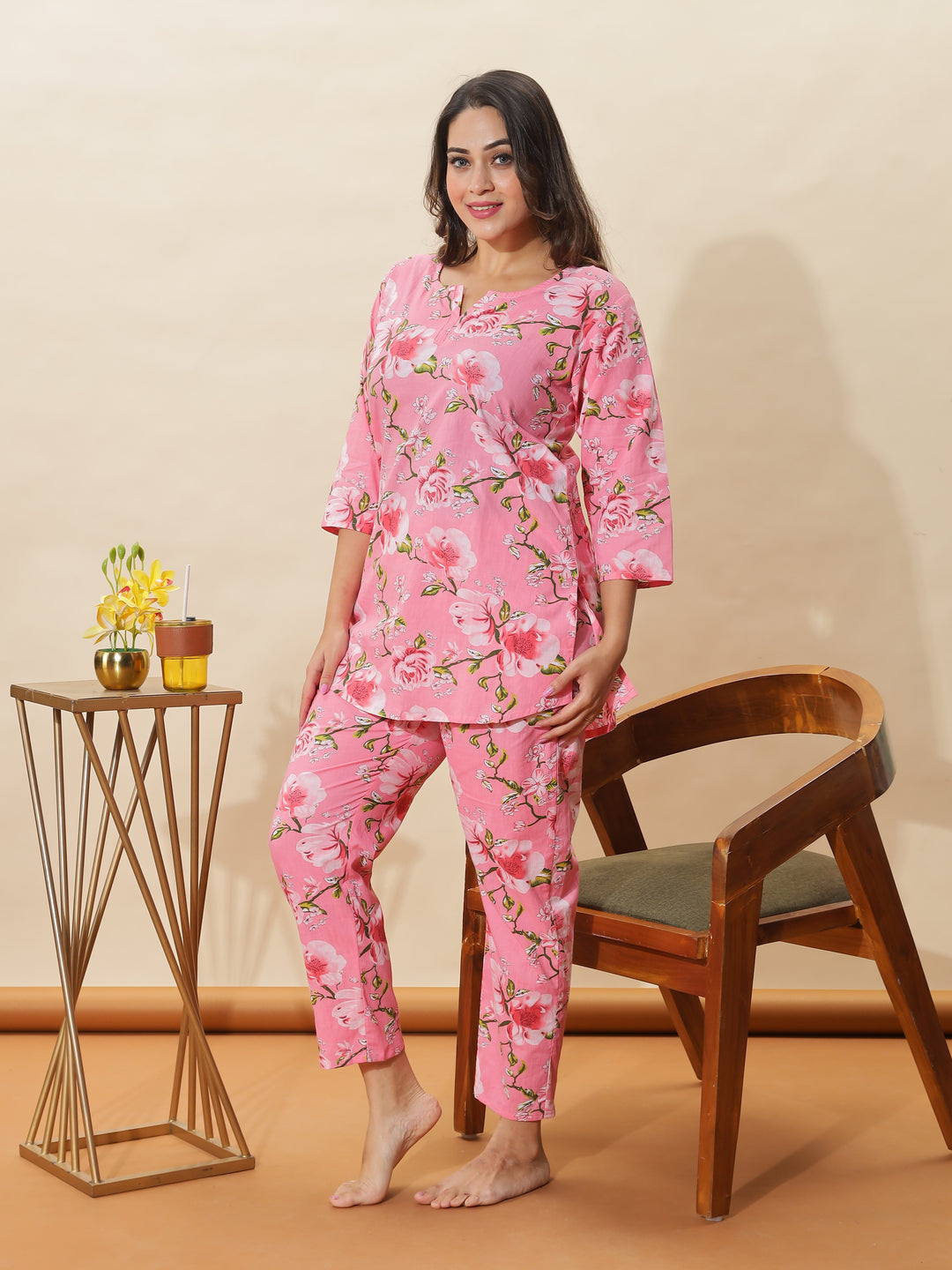Blush Pink Bloom Cotton PJ Set for Women
