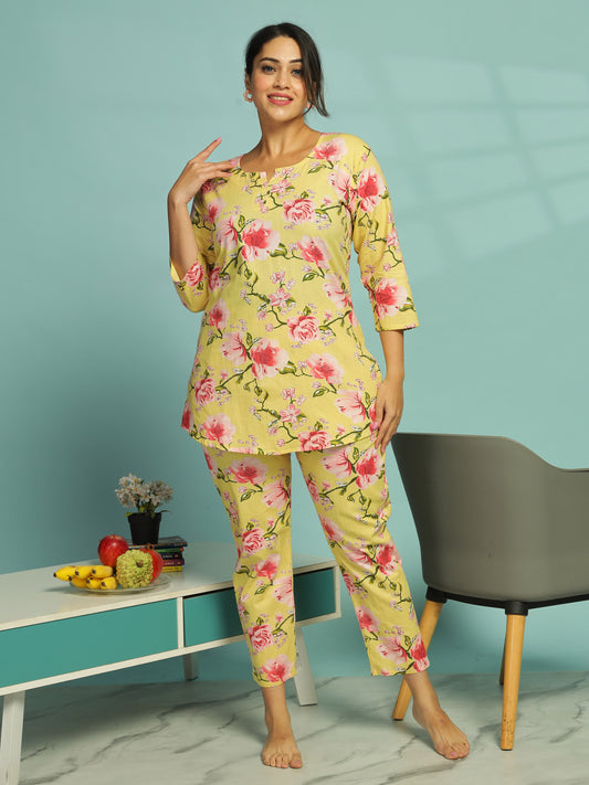 Floral Butter Yellow Cotton Coord Set for Ladies