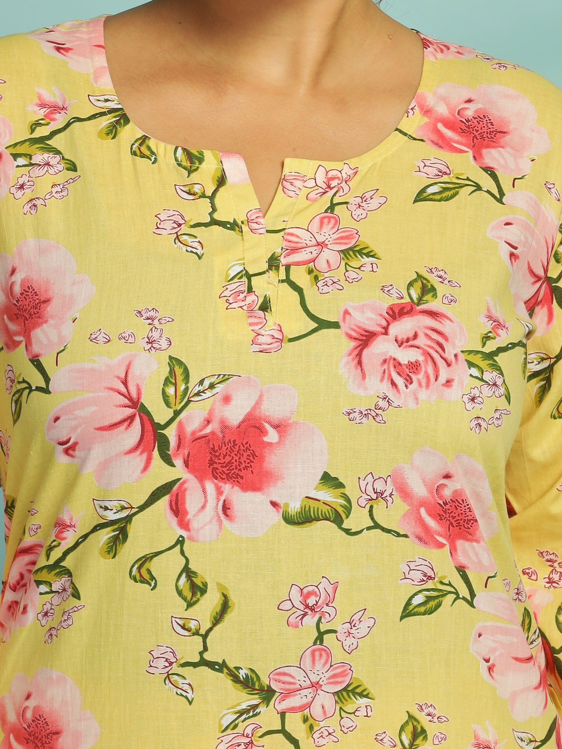 Floral Butter Yellow Cotton Coord Set for Ladies