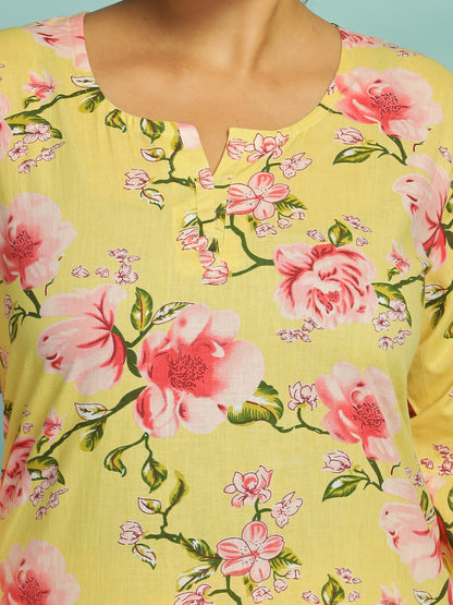 Floral Butter Yellow Cotton Coord Set for Ladies