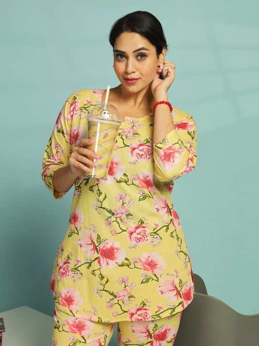 Floral Butter Yellow Cotton Coord Set for Ladies