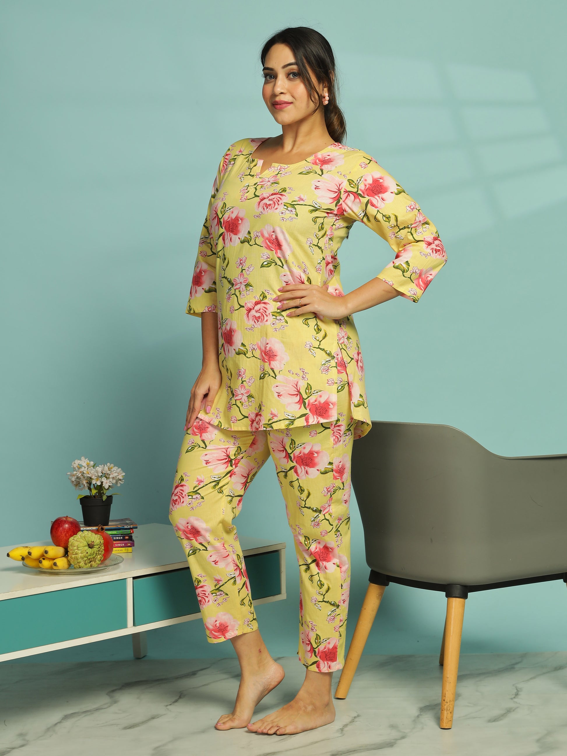 Floral Butter Yellow Cotton Coord Set for Ladies