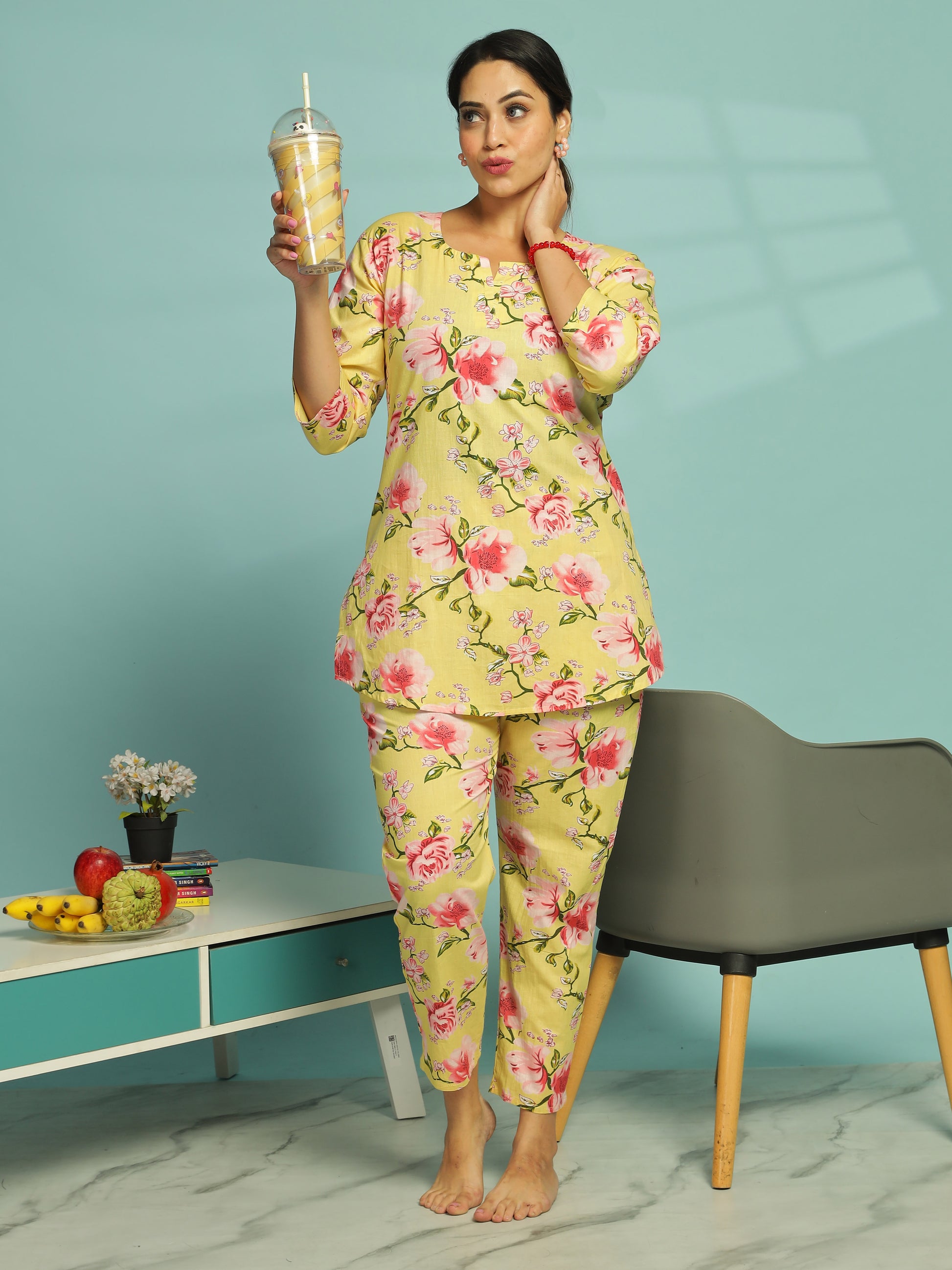 Floral Butter Yellow Cotton Coord Set for Ladies