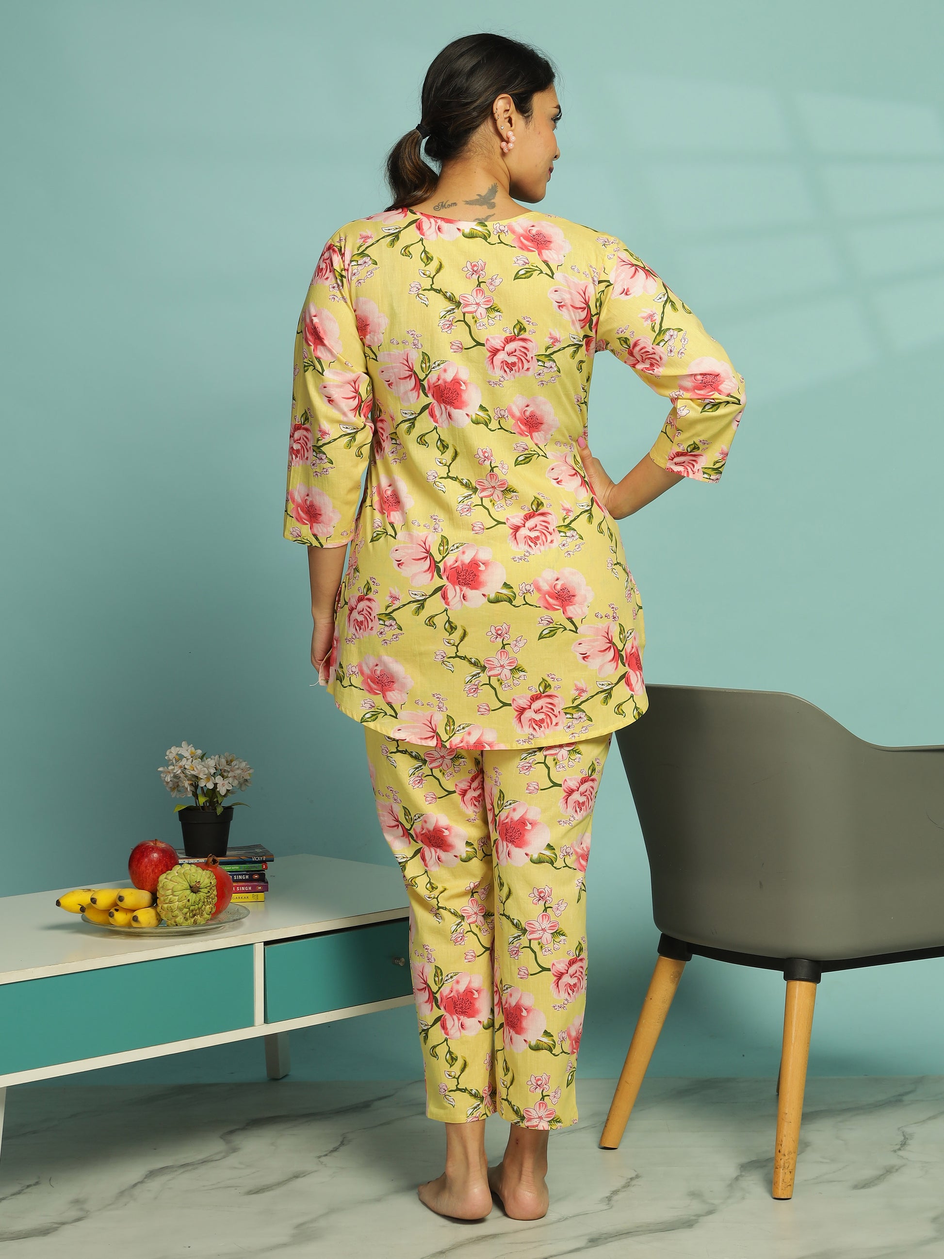 Floral Butter Yellow Cotton Coord Set for Ladies