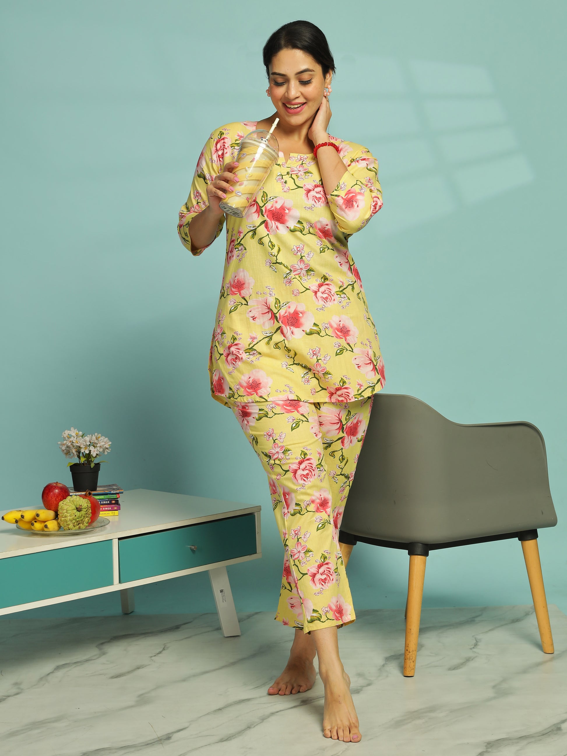 Floral Butter Yellow Cotton Coord Set for Ladies