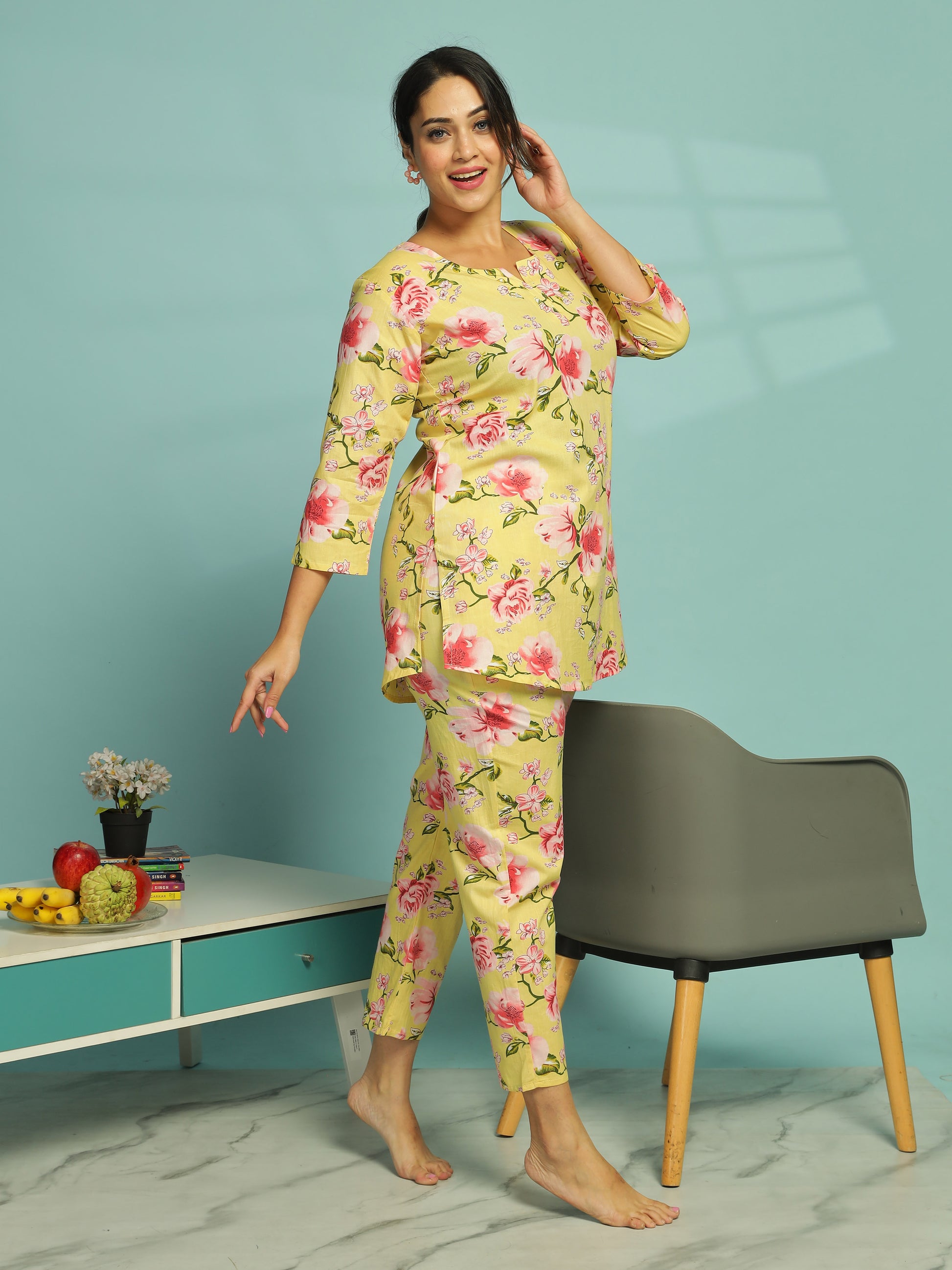 Floral Butter Yellow Cotton Coord Set for Ladies
