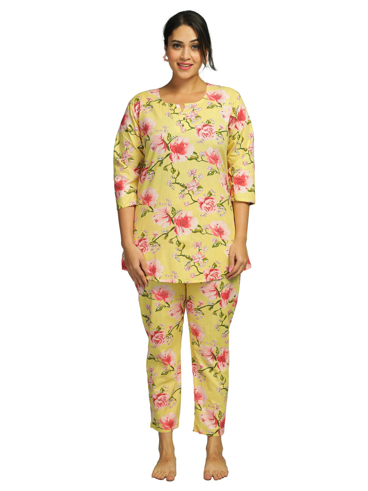 Floral Butter Yellow Cotton Coord Set for Ladies