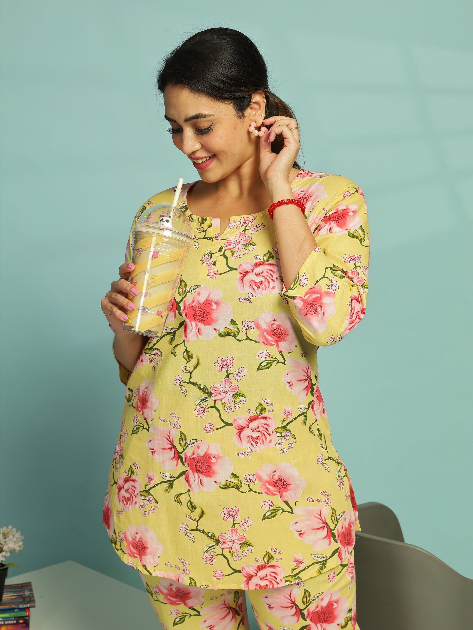 Floral Butter Yellow Cotton Coord Set for Ladies