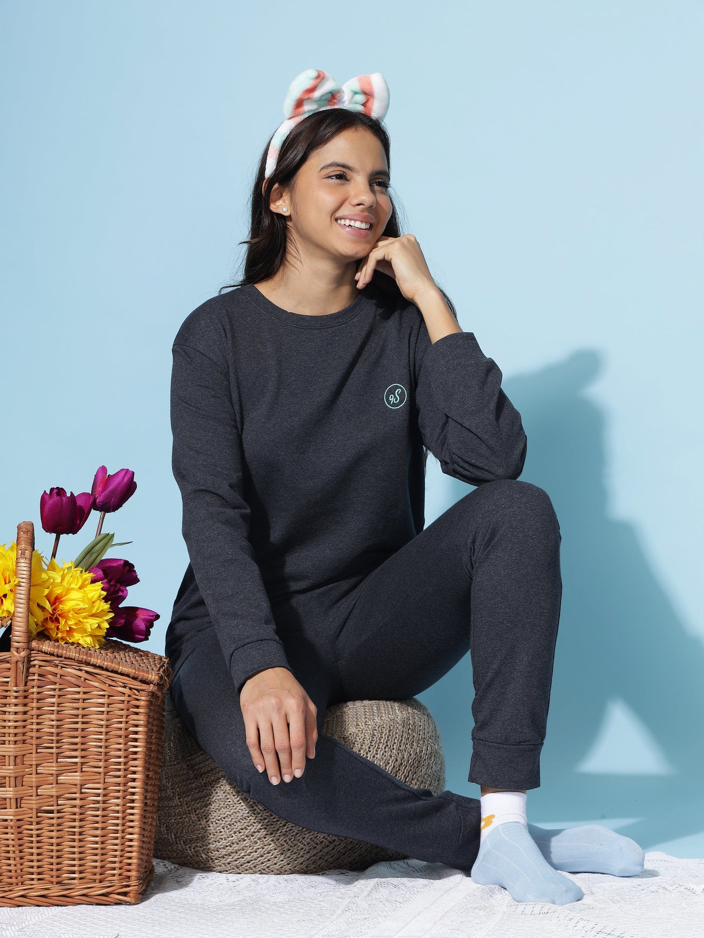 Premium Ash Charcoal Hosiery Cotton Track Suit for Women