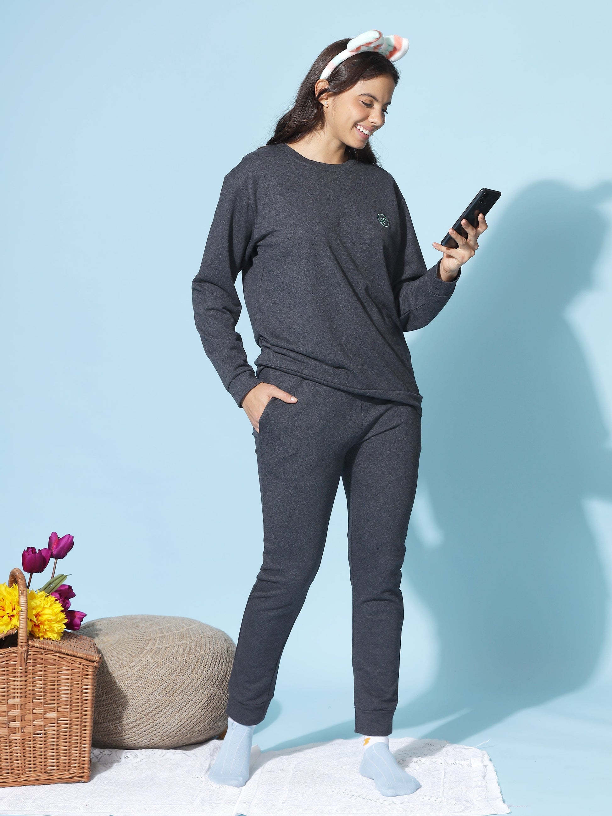 Premium Ash Charcoal Hosiery Cotton Track Suit for Women