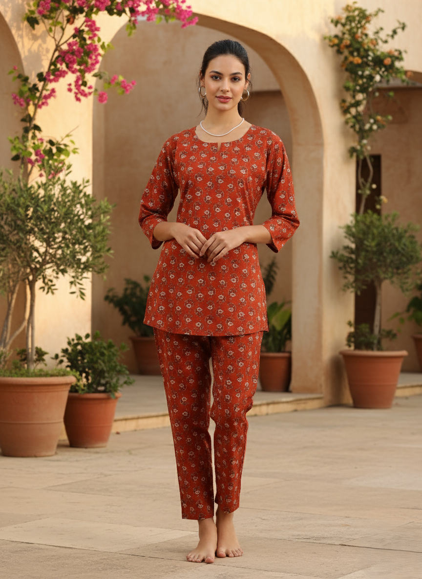 Clay Red Branded Pure Cotton Coord Set for Women
