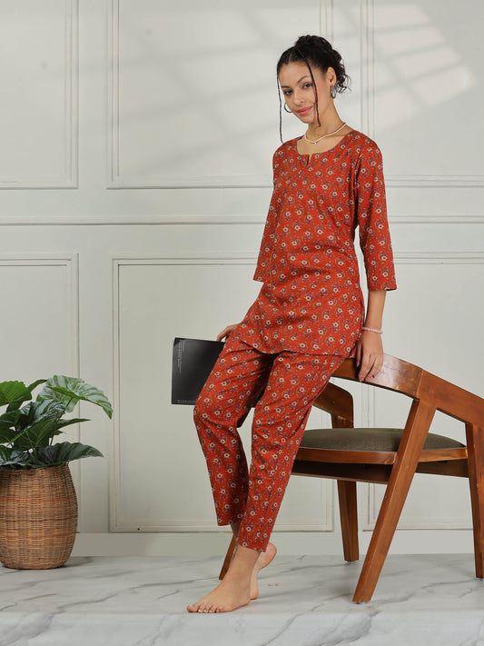 Clay Red Branded Pure Cotton Coord Set for Women