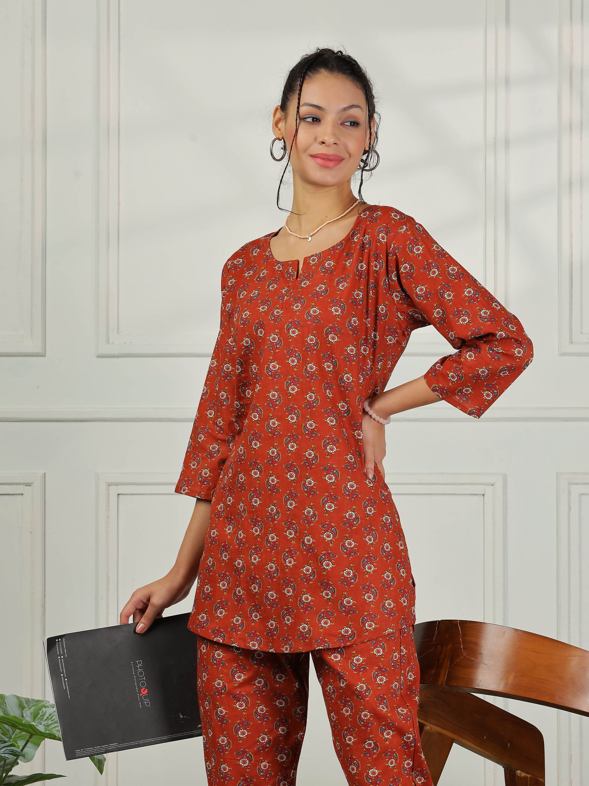 Clay Red Branded Pure Cotton Coord Set for Women