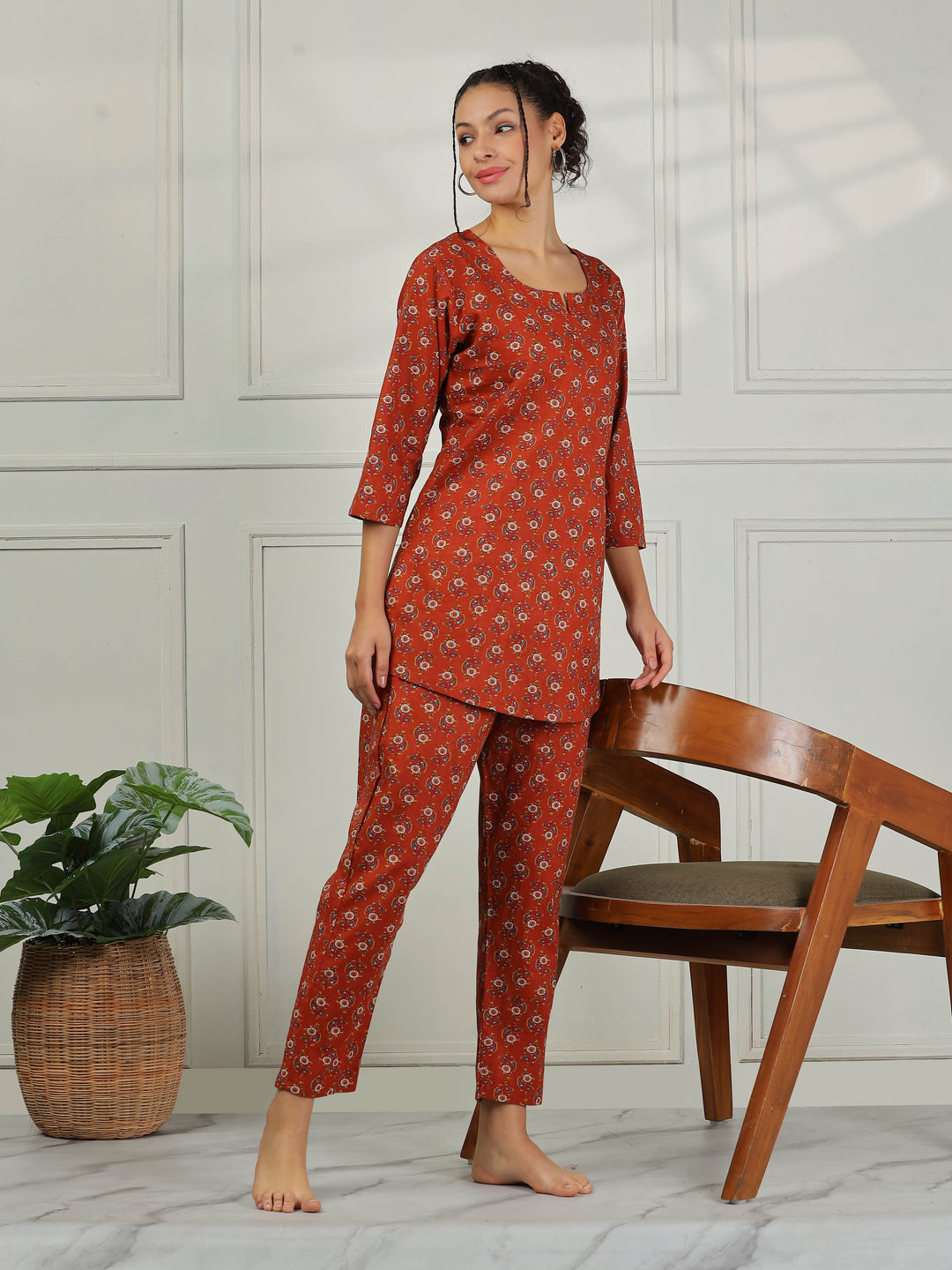 Clay Red Branded Pure Cotton Coord Set for Women