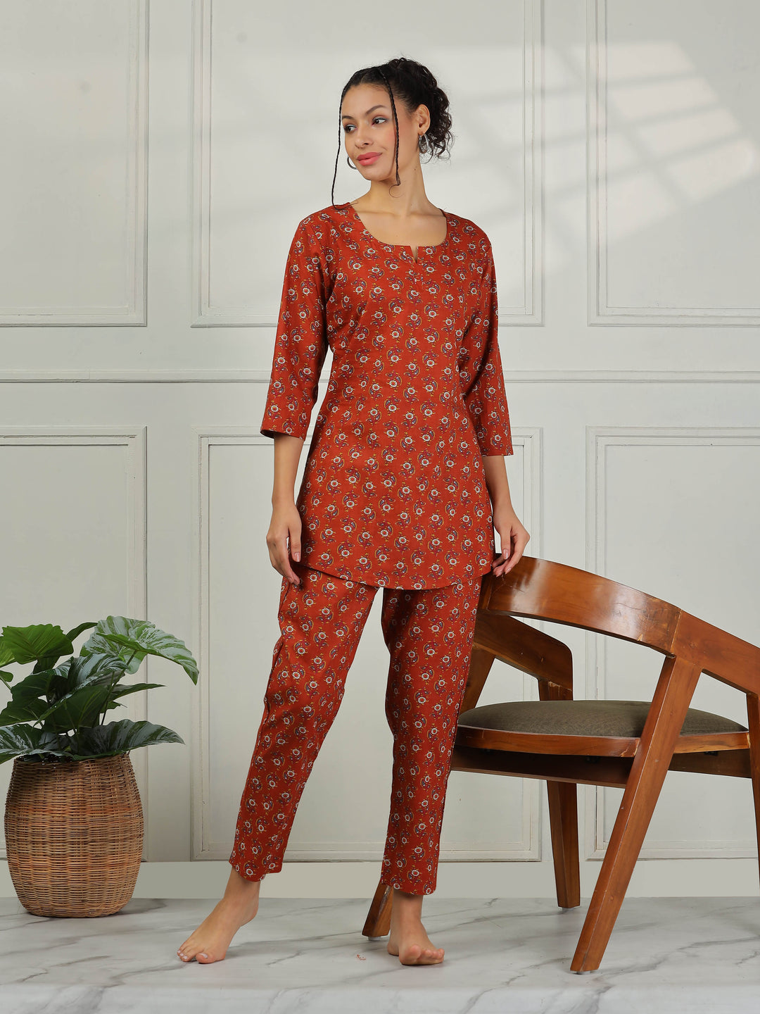 Clay Red Branded Pure Cotton Coord Set for Women