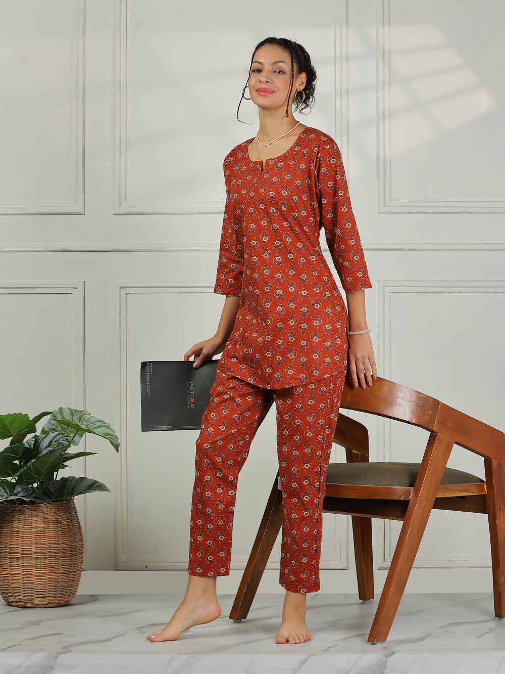 Clay Red Branded Pure Cotton Coord Set for Women