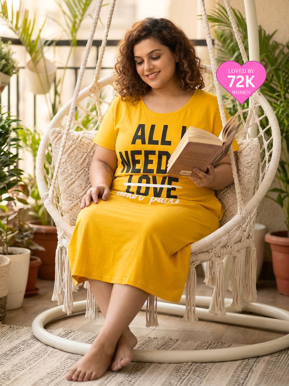 Butter yellow cotton printed short nighty dress for women