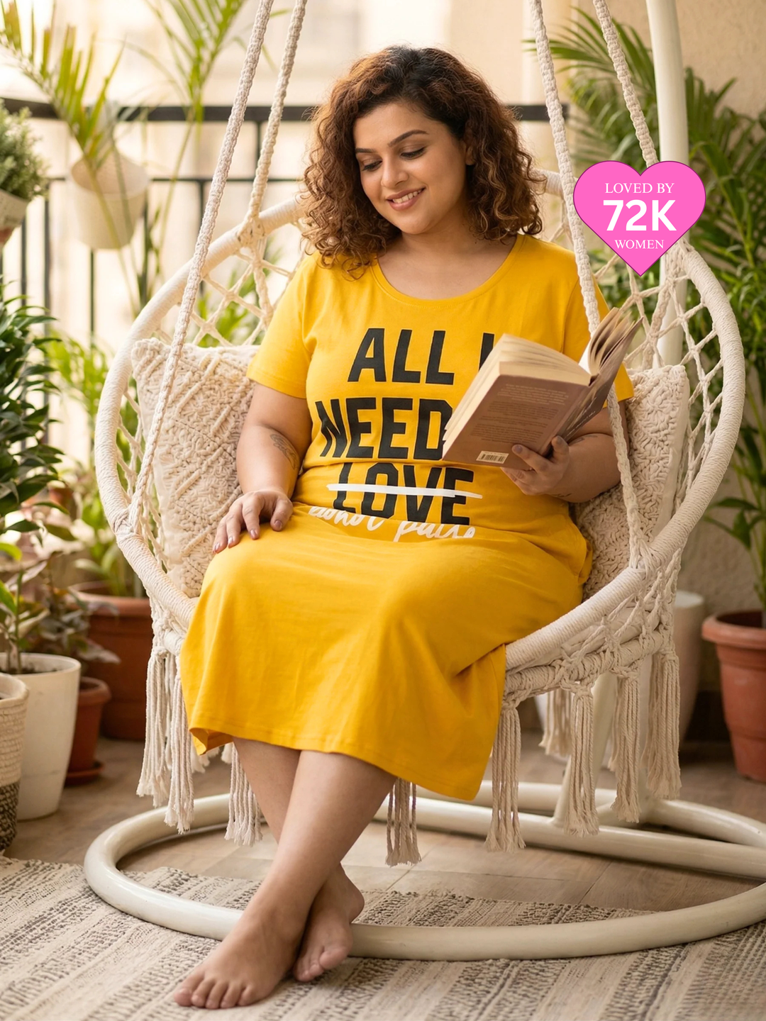 Butter yellow cotton printed short nighty dress for women