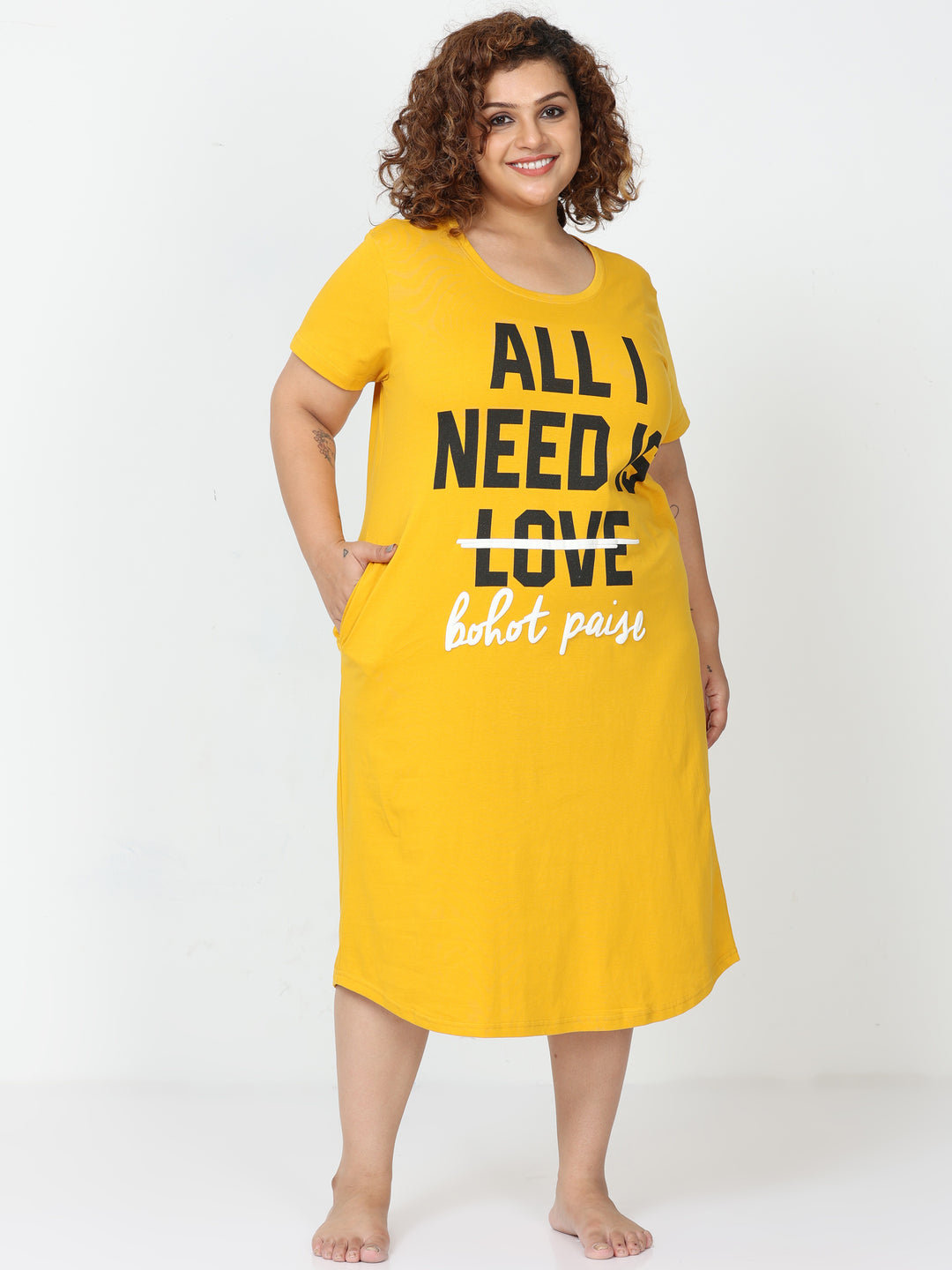 Butter yellow cotton printed short nighty dress for women