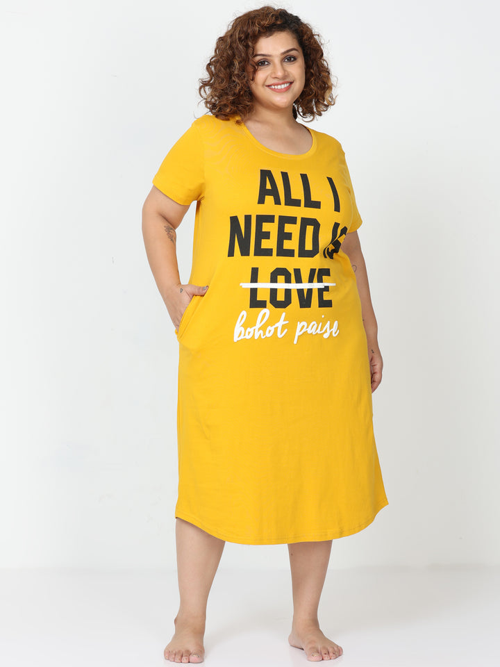 Butter yellow cotton printed short nighty dress for women